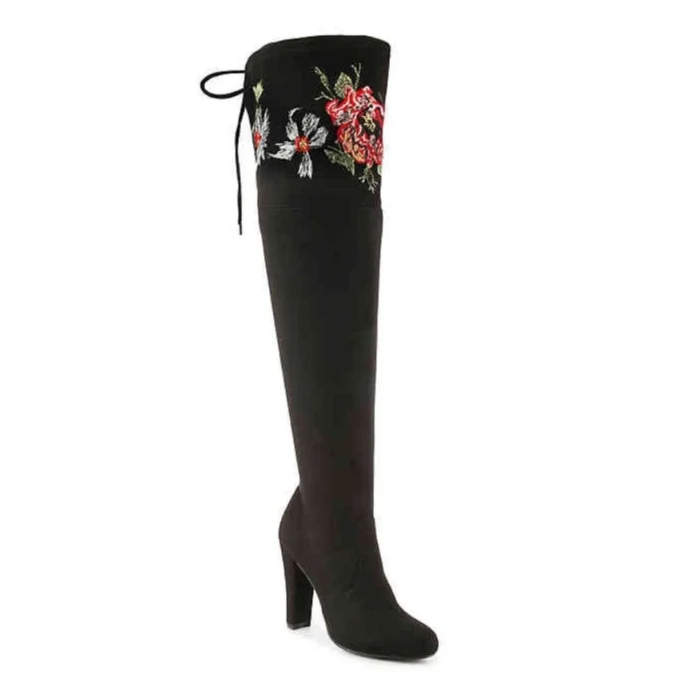 Zigi Soho Bryna Black Over The Knee Heeled Boot Embroider Floral Boho Hippie 6.5